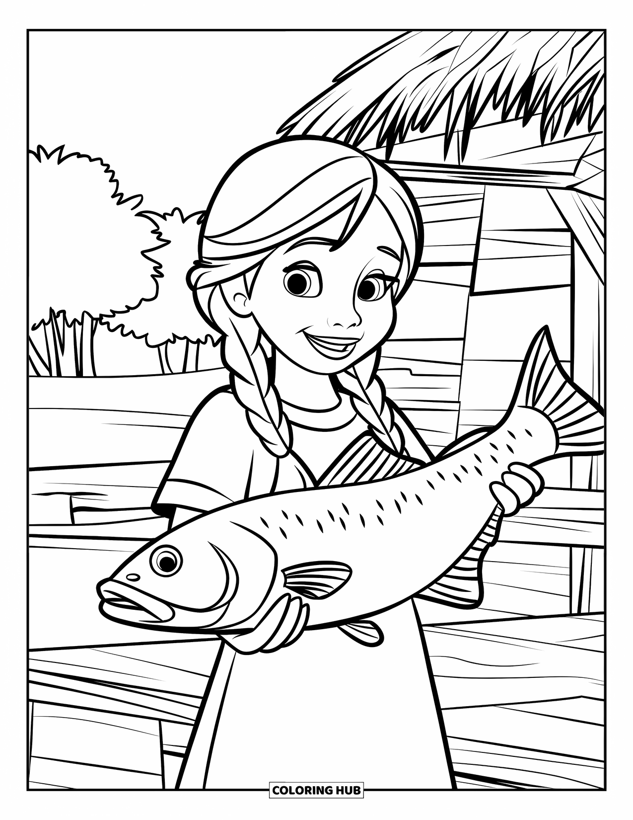 Desenho de Pescaria para Colorir para Crianças: Uma menina com tranças segura um peixe grande ao lado de uma cabana de madeira e água