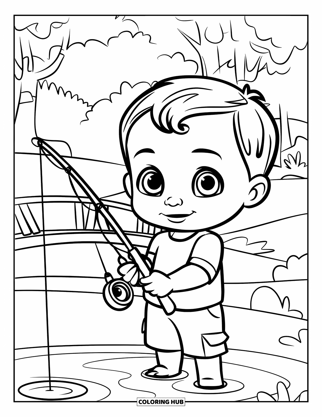 Desenho de Pescaria para Colorir para Crianças: Uma criança feliz com uma vara de pescar está perto de um lago e uma pequena ponte