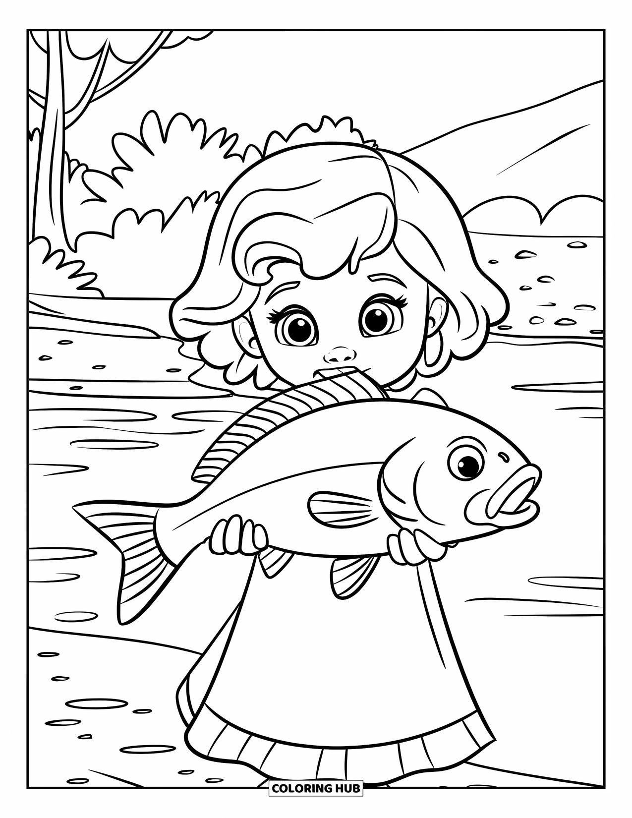 Desenho de Pescaria para Colorir para Crianças: Uma menina sorri enquanto segura um peixe grande perto de um lago e árvores