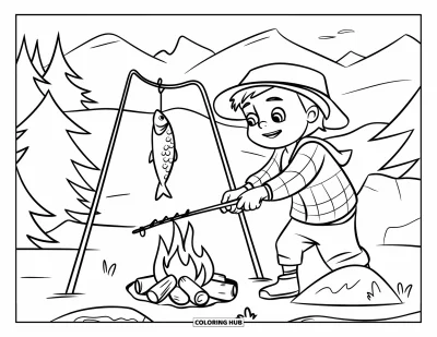 Fishing Coloring Page for Kids: A mountain campfire scene with a child preparing their catch