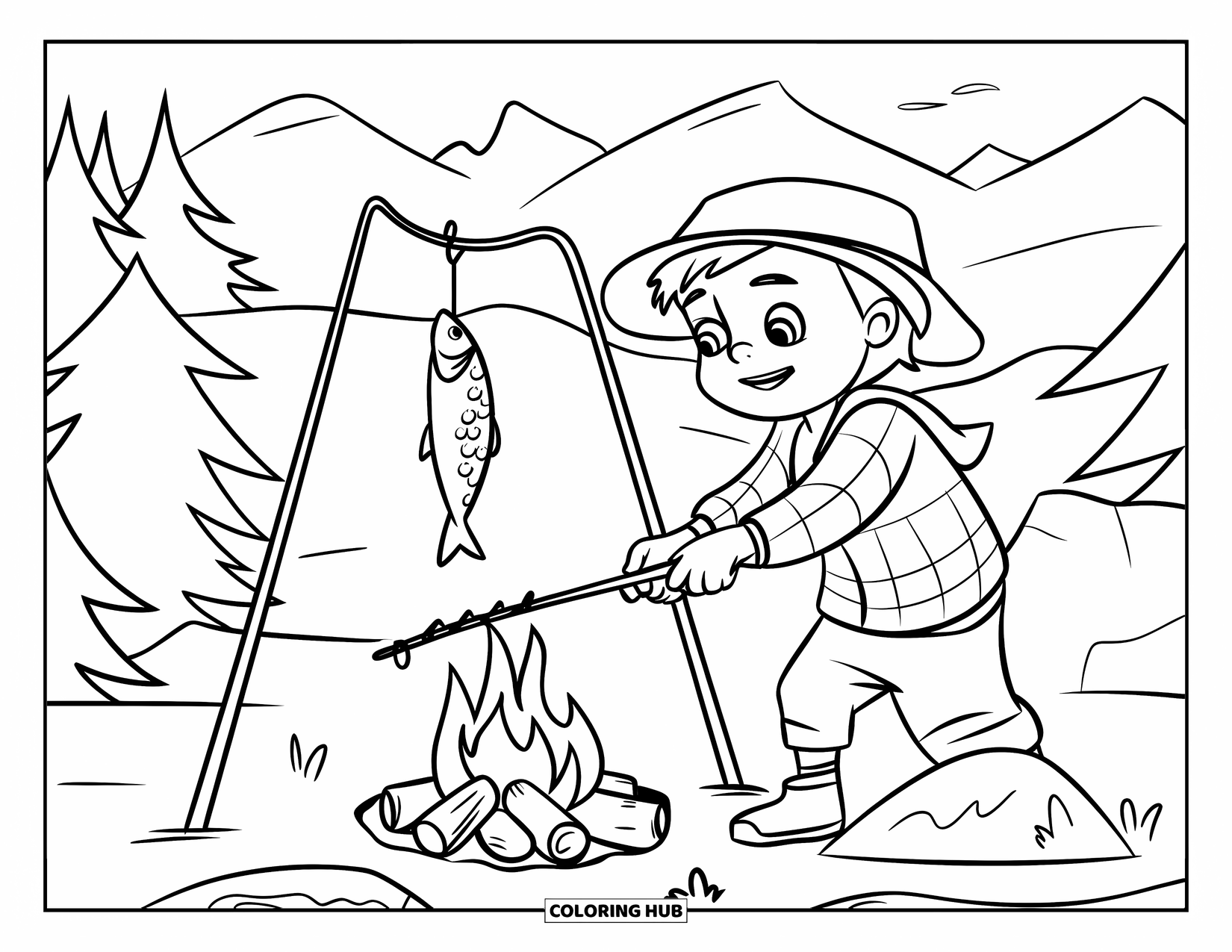 Desenho de Pescaria para Colorir para Crianças: Uma cena de fogueira na montanha com uma criança preparando sua pesca