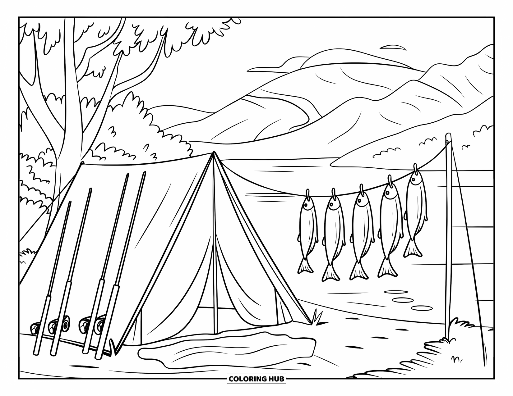 Desenho de Pescaria para Colorir para Crianças: Uma cena de barraca tranquila com varas e peixes perto de um lago na montanha