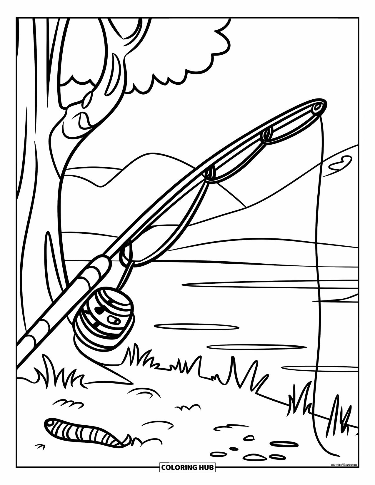 Desenho de Pescaria para Colorir para Crianças: Uma cena tranquila ao lado de uma árvore com uma vara e uma minhoca perto de um lago e uma montanha