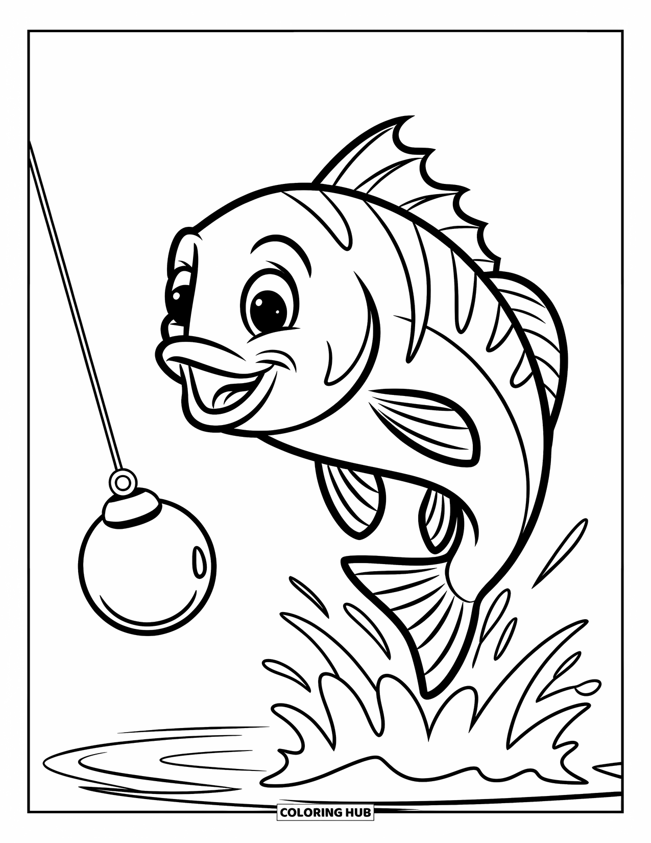 Desenho de Pescaria para Colorir para Crianças: Um peixe brincalhão salta para fora da água perto de uma bóia flutuante
