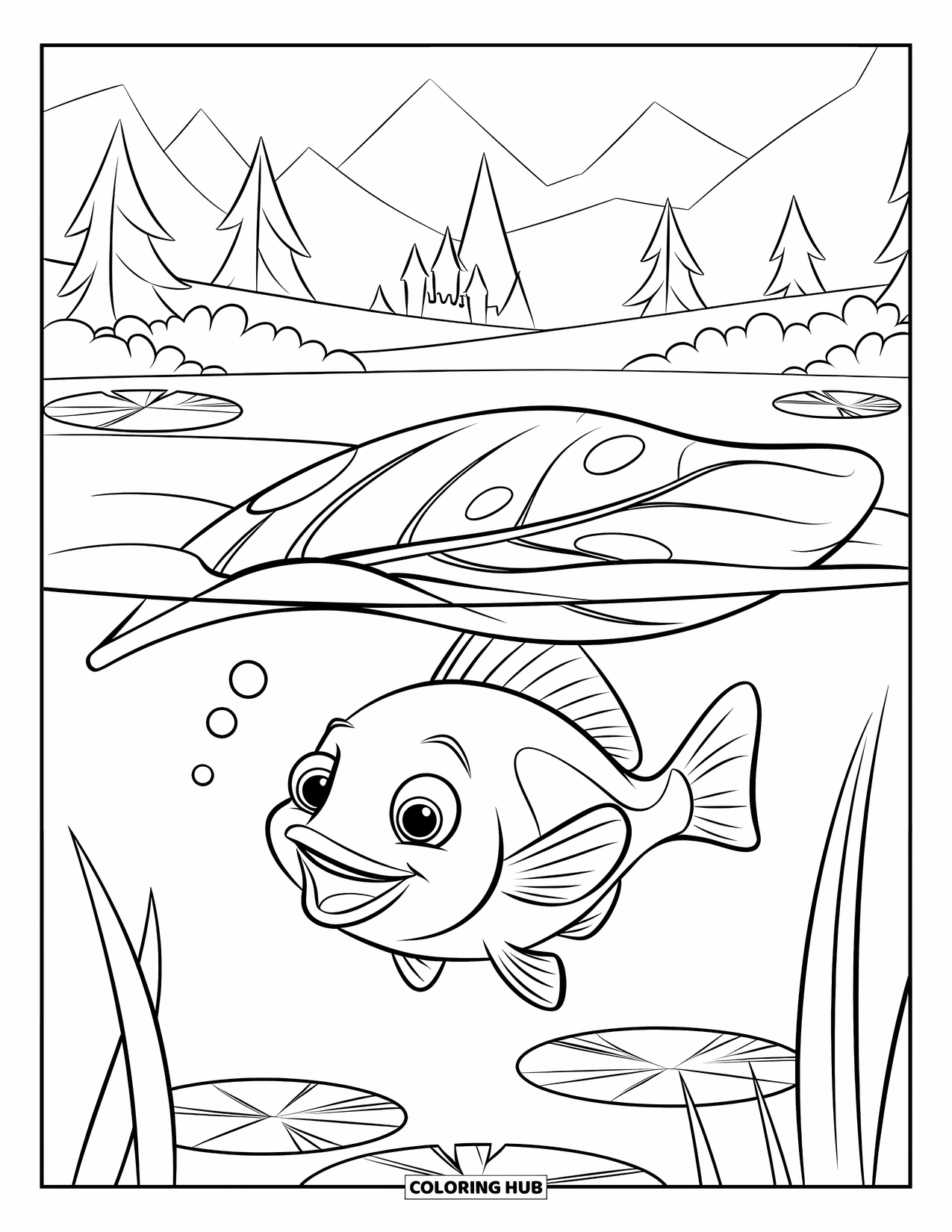Desenho de Pescaria para Colorir para Crianças: Um peixe brincalhão com olhos grandes nada sob uma folha furada em um lago perto de um castelo