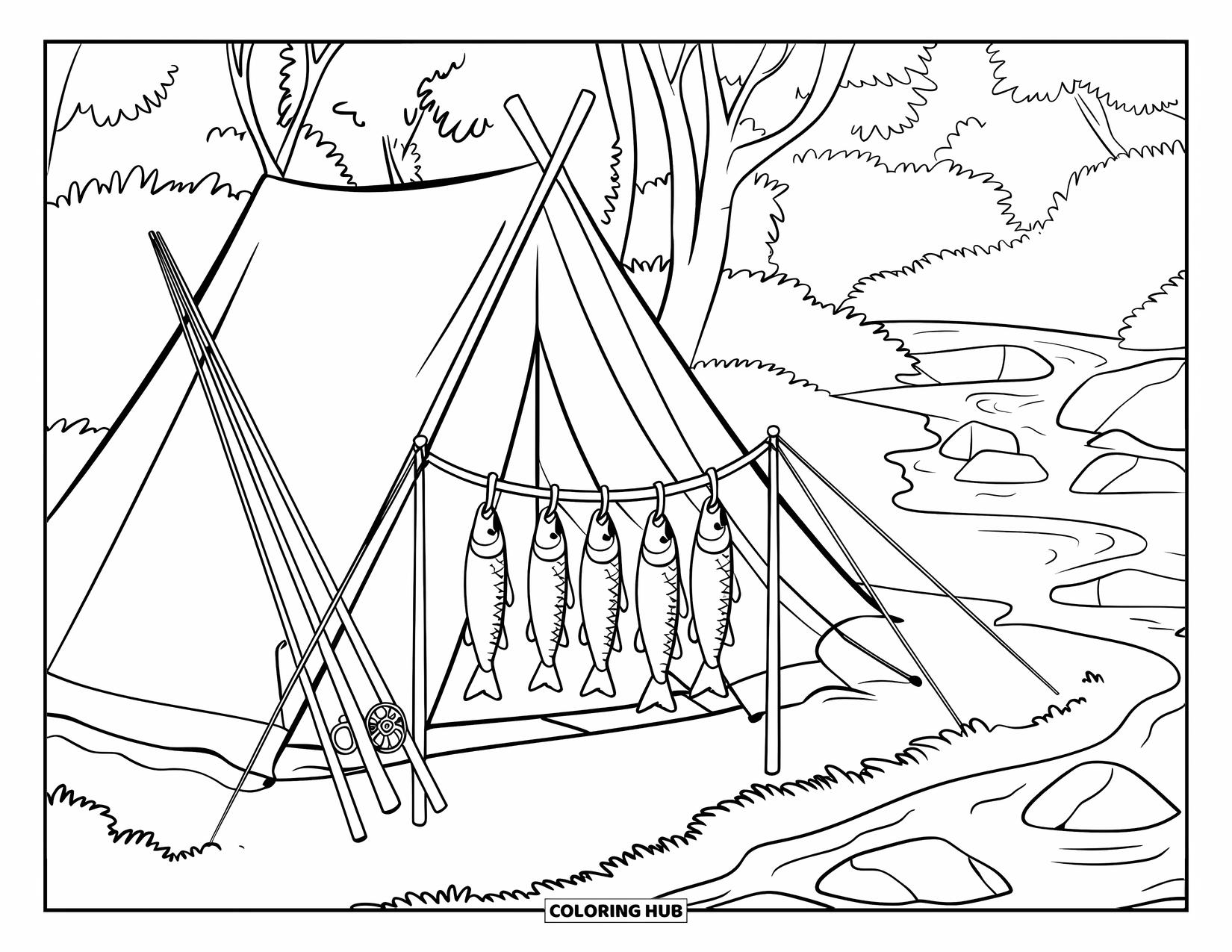 Desenho de Pescaria para Colorir para Crianças: Uma cena de barraca à beira do rio com peixes pendurados e água corrente