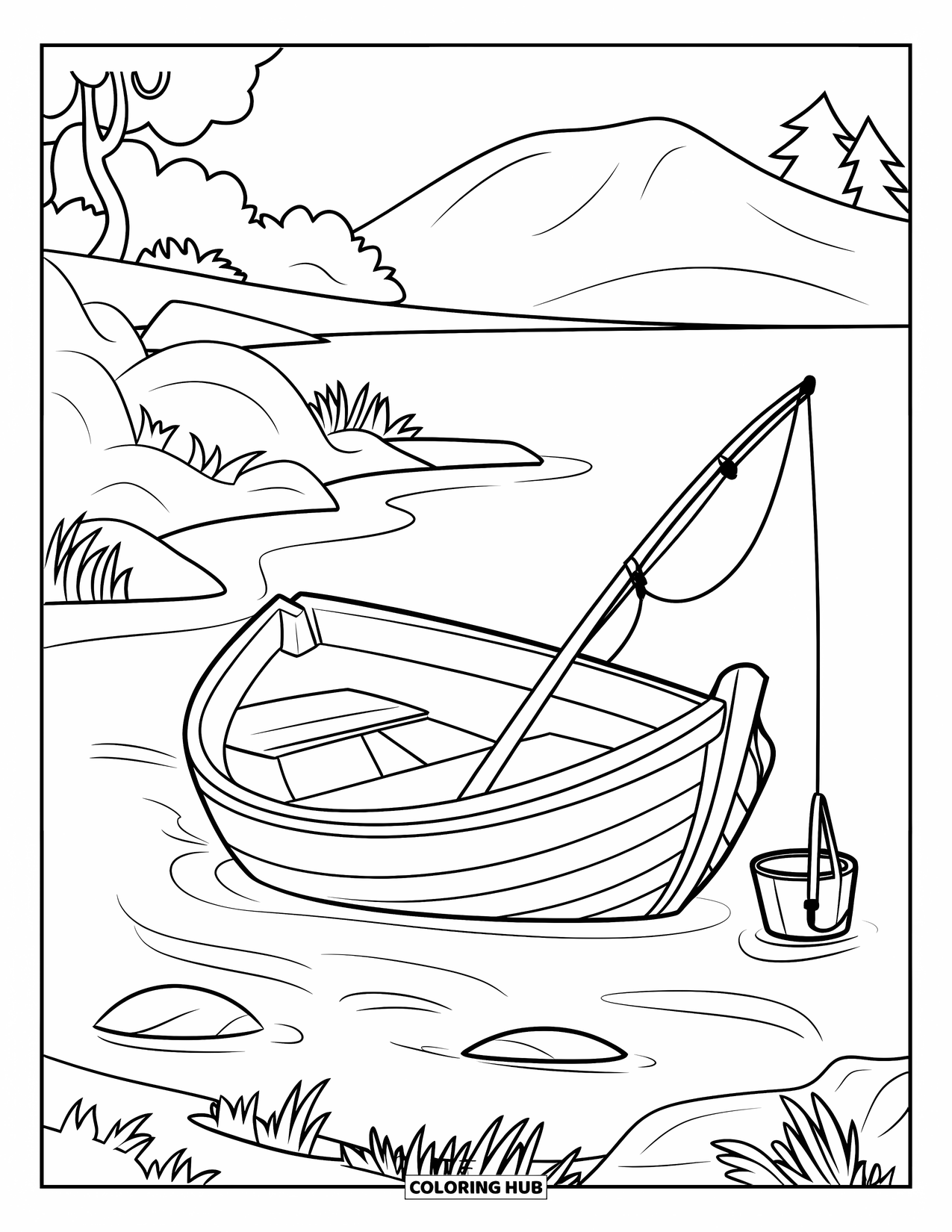 Desenho de Pescaria para Colorir para Crianças: Um pequeno barco repousa perto da margem com uma vara de pescar e um balde ao lado