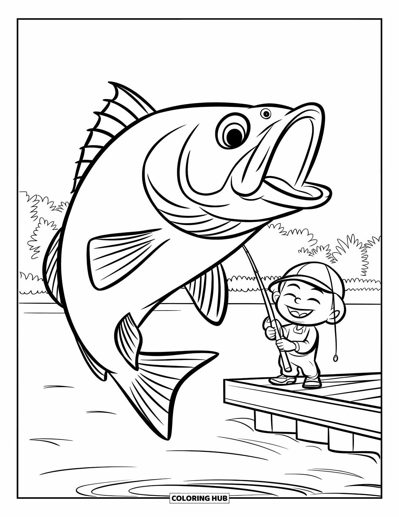 Desenho de Pescaria para Colorir para Crianças: Uma criança sorridente observa um peixe de olhos grandes saltar perto de uma doca e árvores