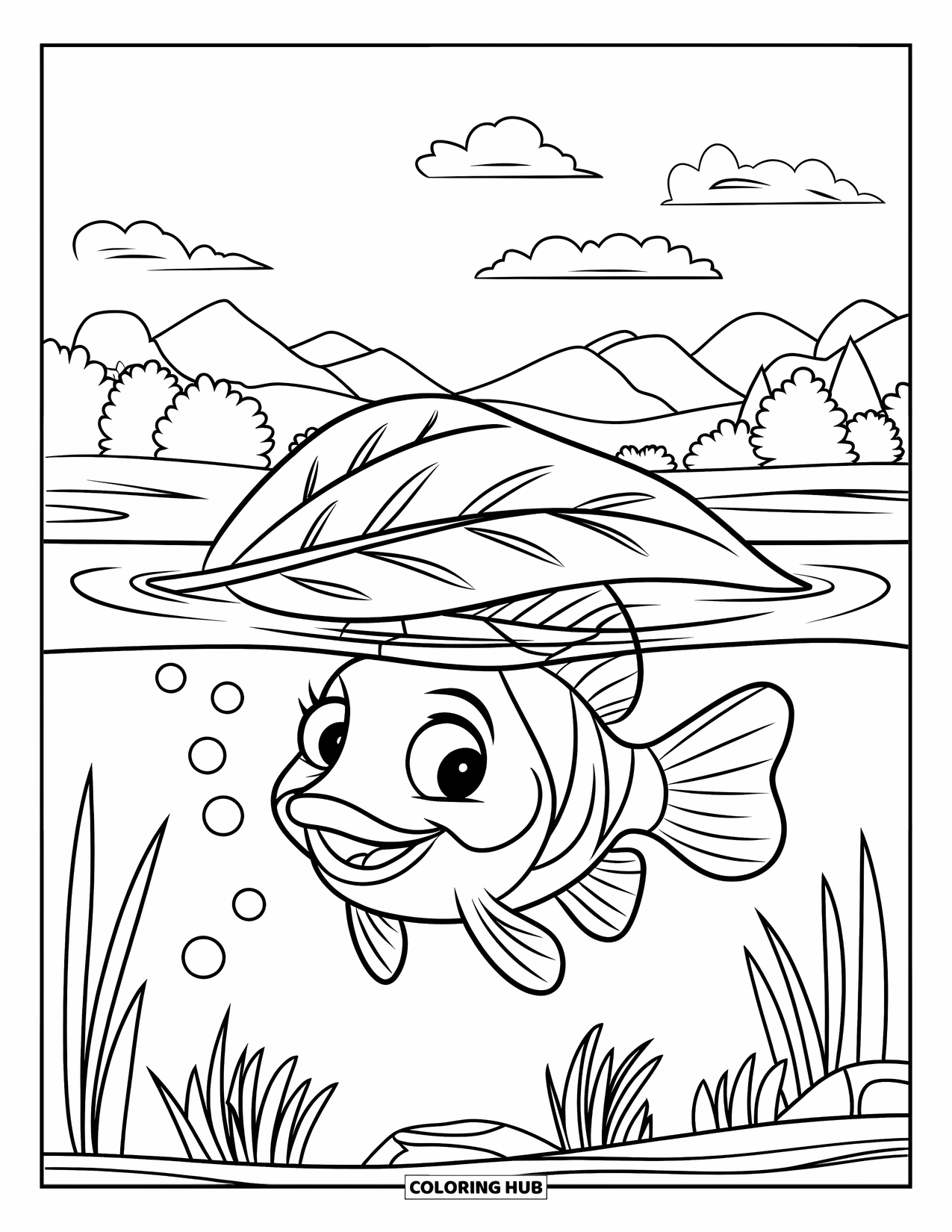 Desenho de Pescaria para Colorir para Crianças: Um peixe sorridente nada sob uma folha em um lago pitoresco com vista para a montanha