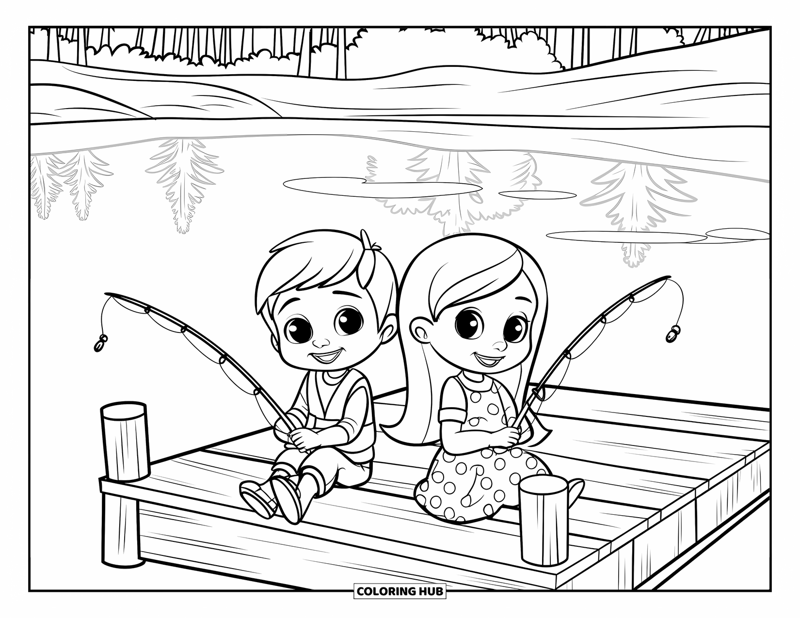 Desenho de Pescaria para Colorir para Crianças: Uma dupla sorridente senta-se em uma doca, pescando perto de um lago calmo e uma floresta