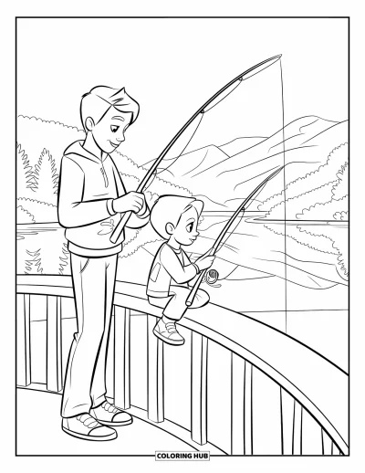 Fishing Coloring Page for Kids: A teen and child share a peaceful fishing moment on a lake