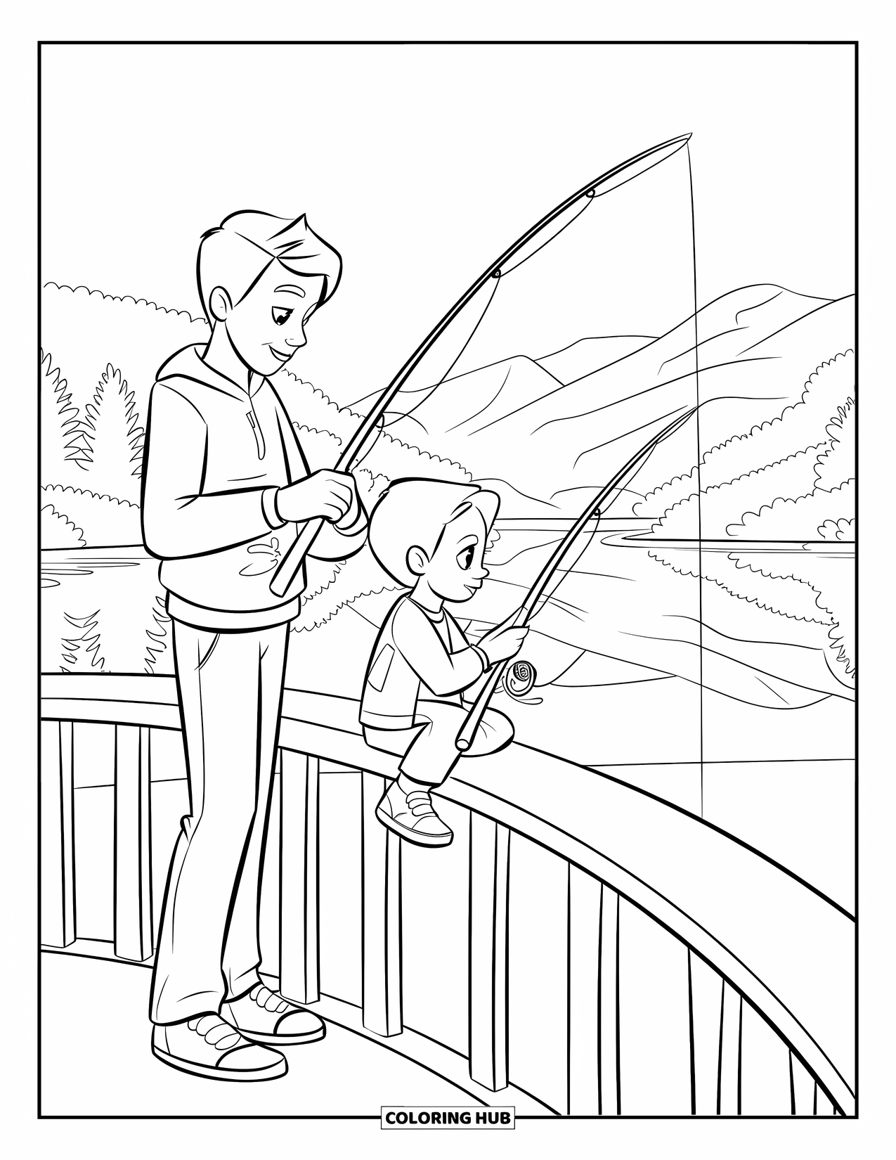 Desenho de Pescaria para Colorir para Crianças: Um adolescente e uma criança compartilham um momento de pesca tranquilo em um lago