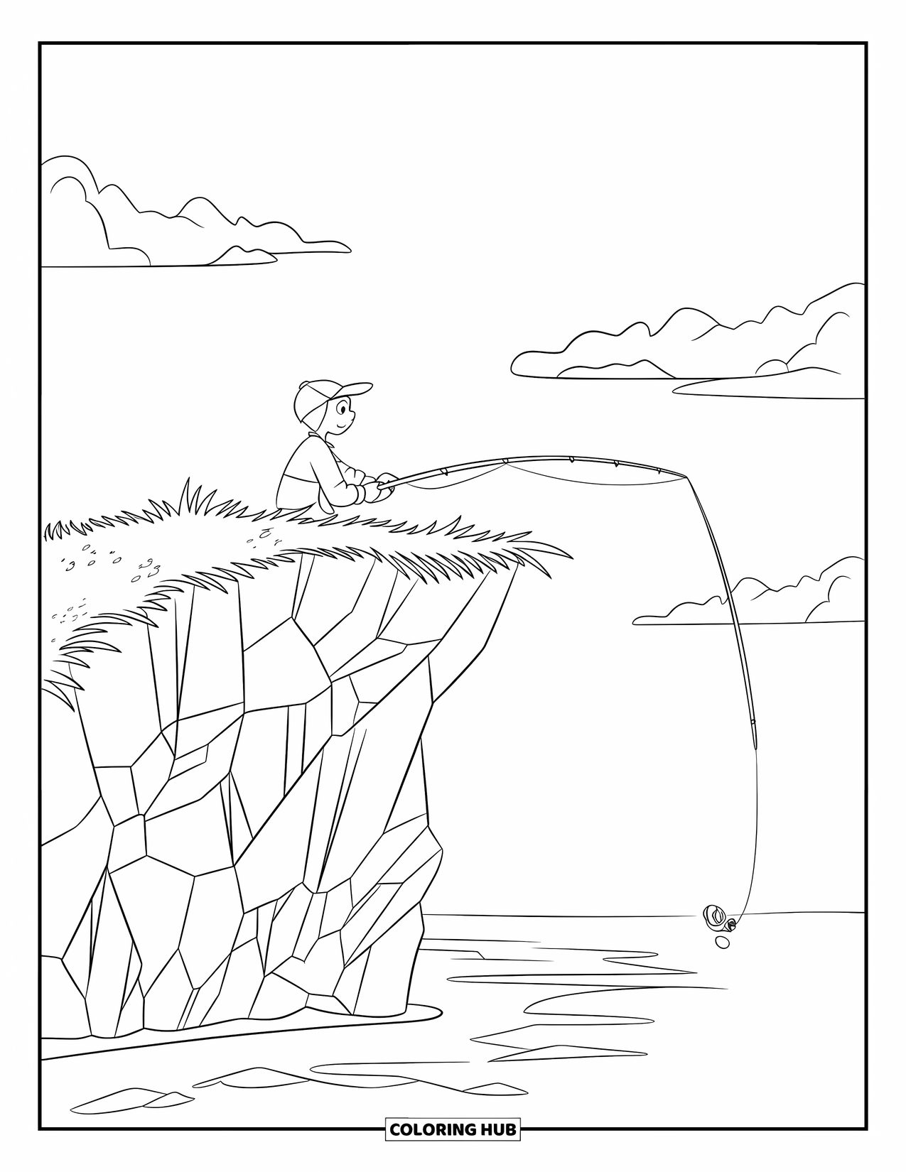 Desenho de Pescaria para Colorir para Crianças: Um adolescente lança uma linha de um penhasco rochoso acima da água