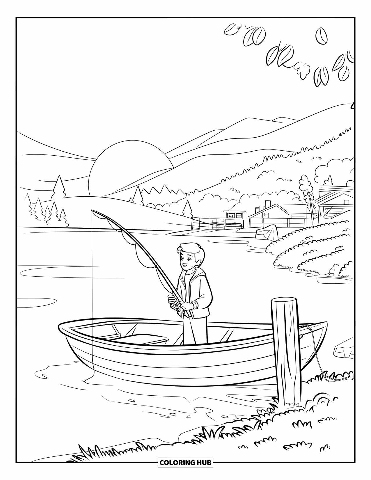 Desenho de Pescaria para Colorir para Crianças: Um adolescente pesca de um barco ao nascer do sol perto da margem da montanha