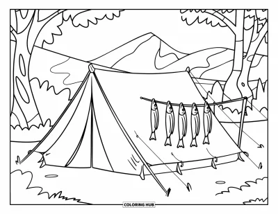 Fishing Coloring Page for Kids: A tent stands quietly by the trees with fish hanging to dry