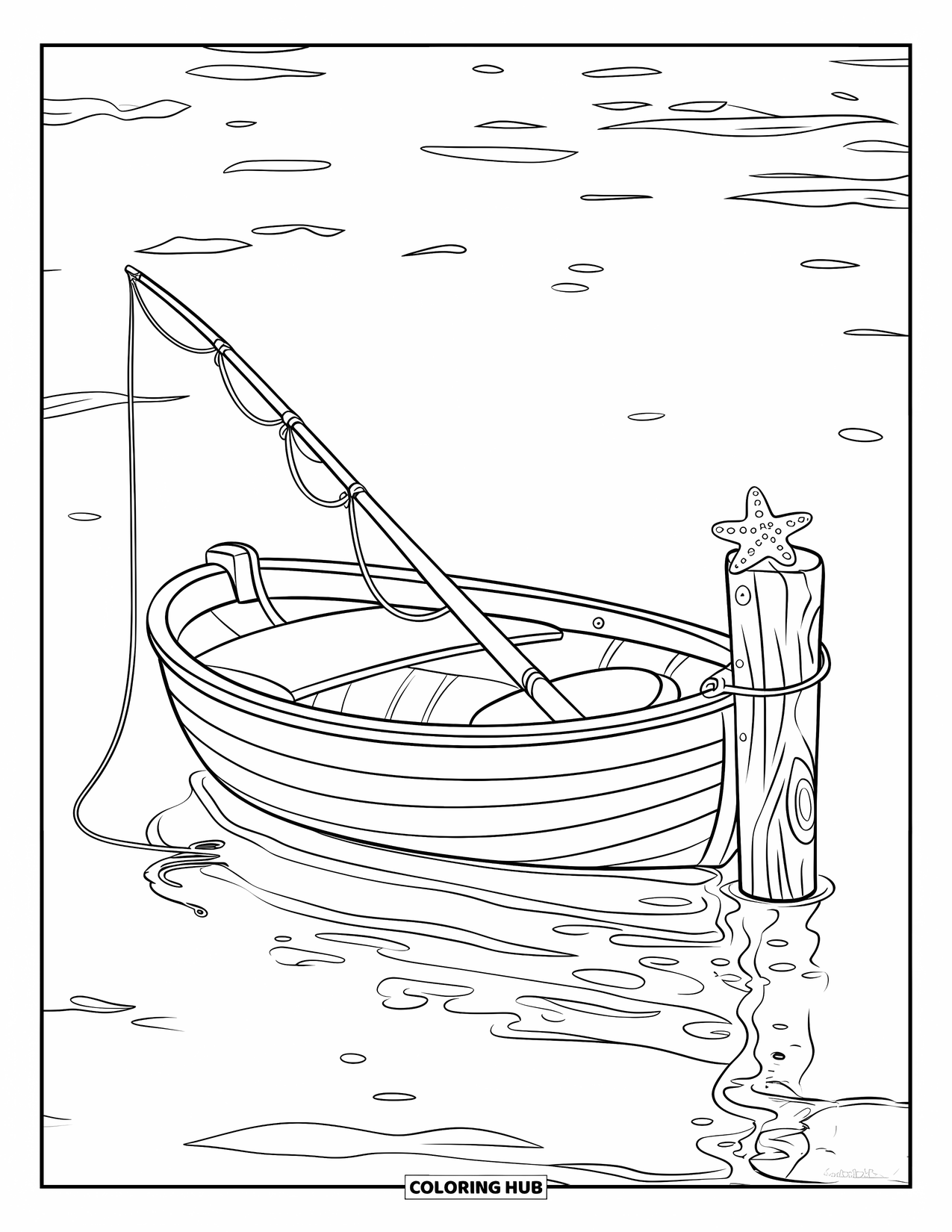Desenho de Pescaria para Colorir para Crianças: Um barco amarrado flutua perto de um poste com uma estrela do mar e reflexos suaves