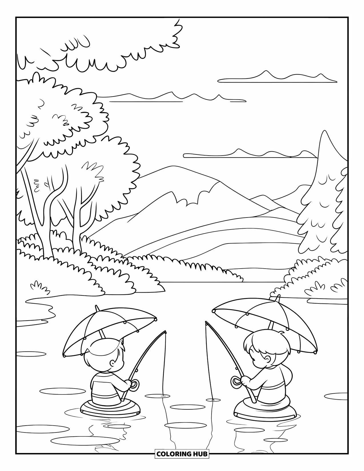 Desenho de Pescaria para Colorir para Crianças: Uma cena de lago arborizado com duas crianças pescando sob um grande guarda-chuva