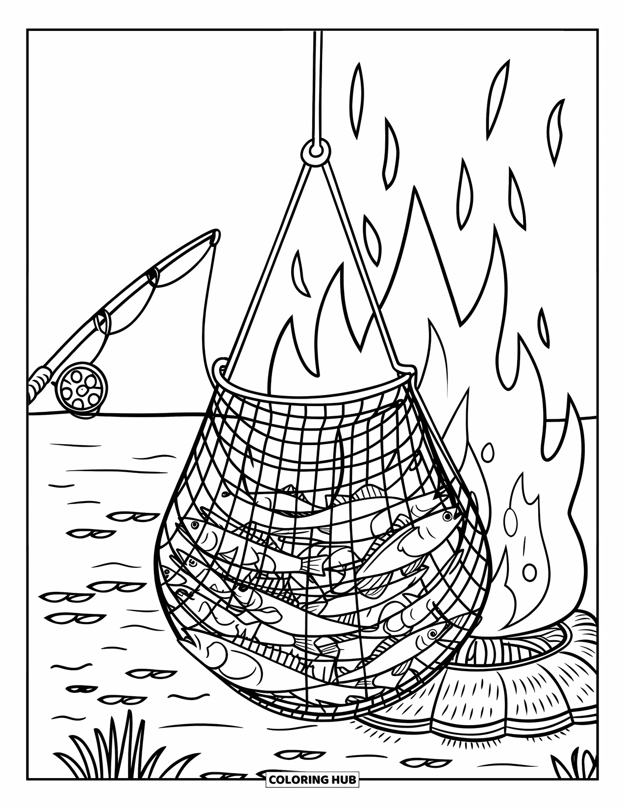 Desenho de Pescaria para Colorir para Crianças: Uma variedade de peixes descansa em uma rede perto de um fogo brilhante