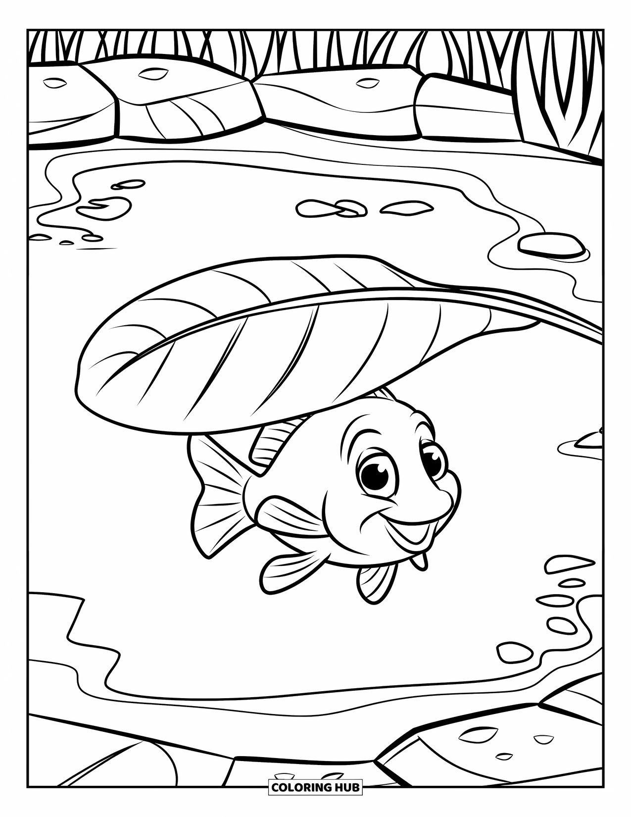 Desenho de Pescaria para Colorir para Crianças: Um peixe de olhos arregalados nada sob uma folha redonda em um lago com pedras por perto
