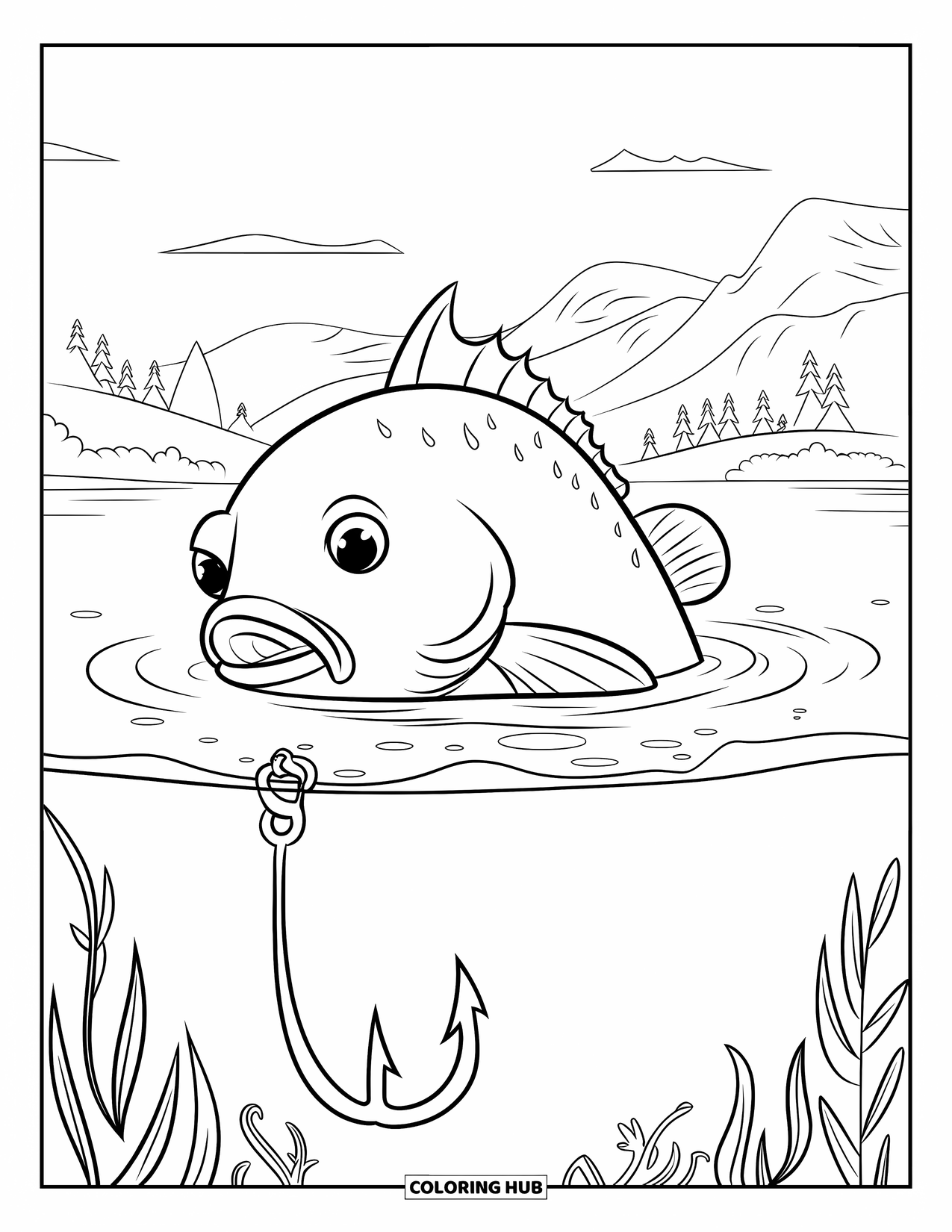 Desenho de Pescaria para Colorir para Crianças: Um peixe de boca larga flutua perto de um anzol em um lago calmo e pitoresco