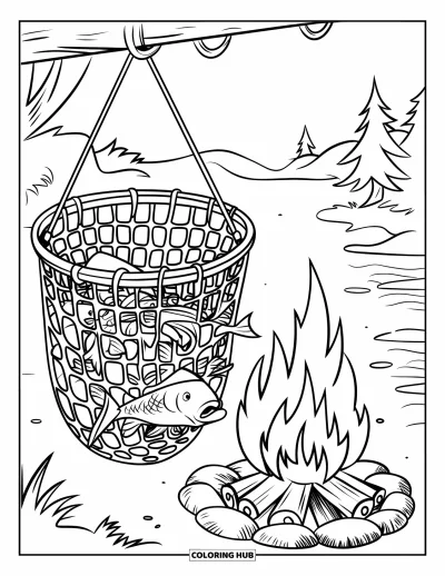 Fishing Coloring Page for Kids: Fish hang above a fire with glowing embers and nearby trees