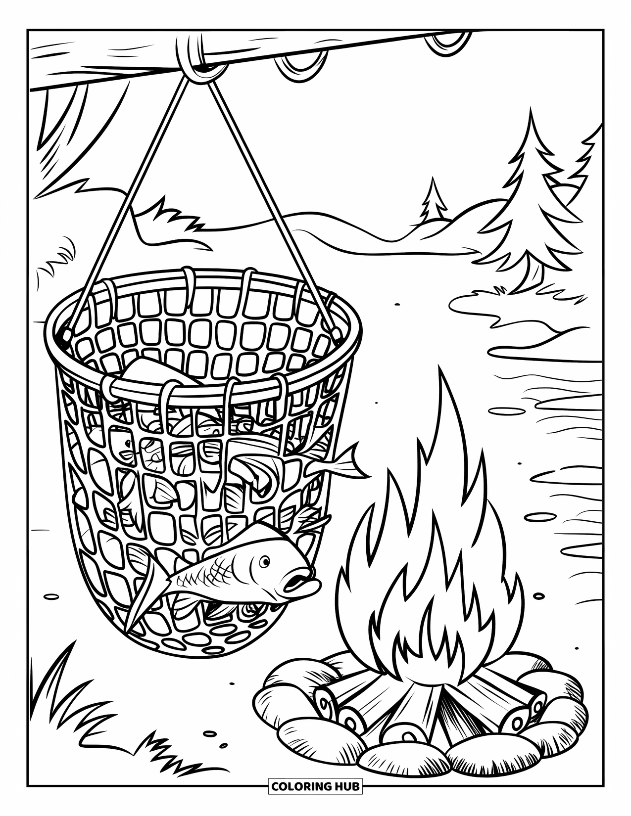 Desenho de Pescaria para Colorir para Crianças: Peixes pendurados acima de uma fogueira com brasas brilhantes e árvores próximas