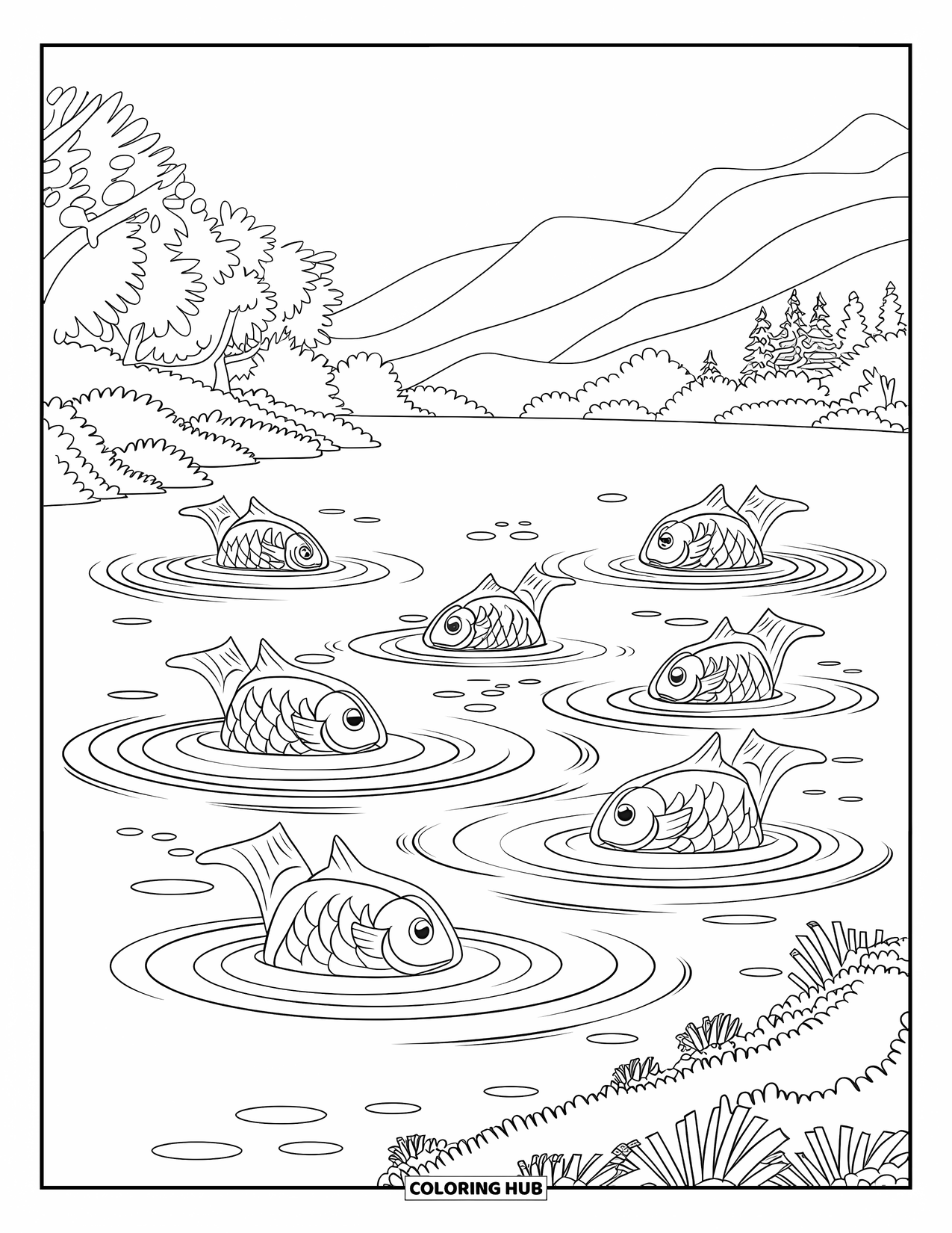 Desenho de Pescaria para Colorir para Crianças: Peixes ondulam por um lago tranquilo cercado por árvores e montanhas