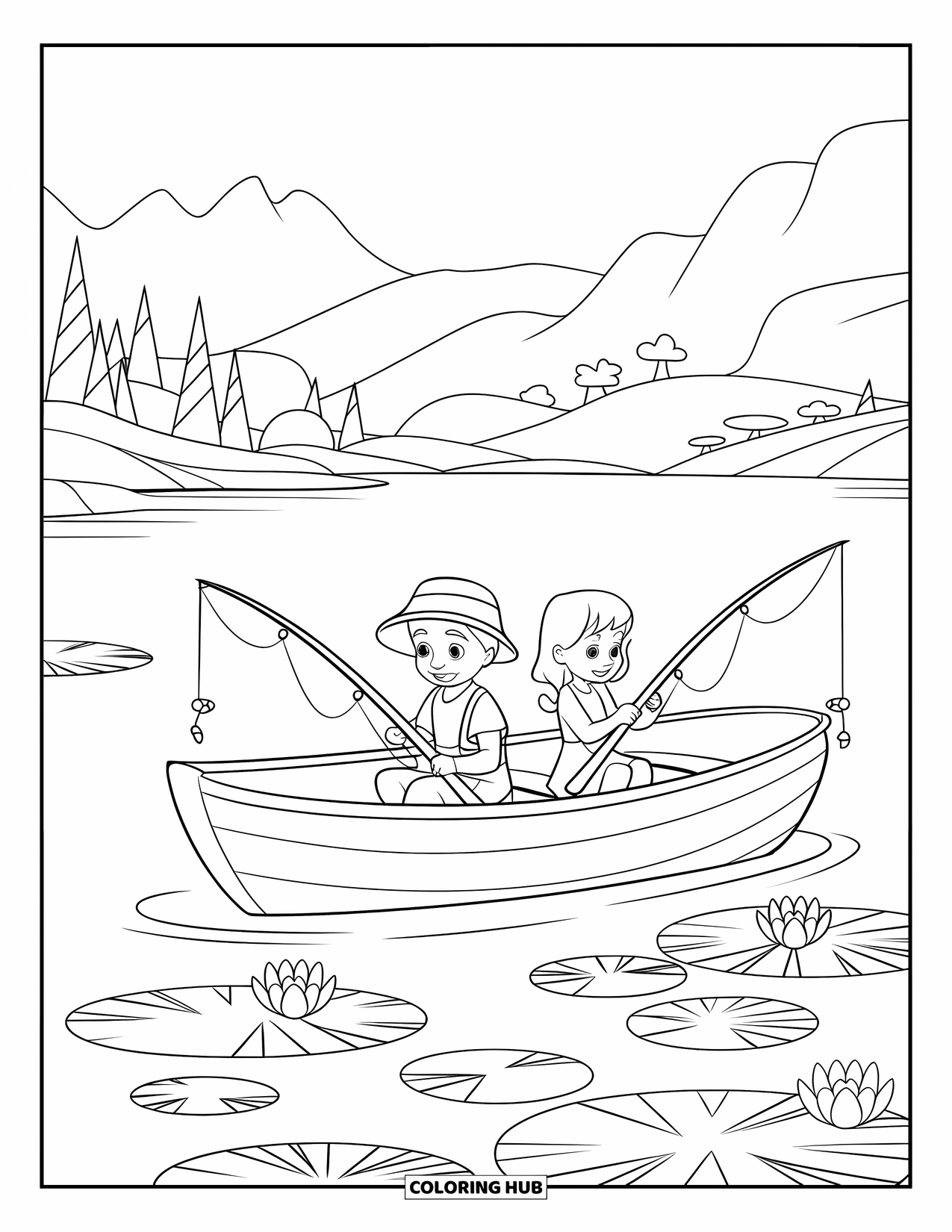 Desenho de Pescaria para Colorir para Crianças: Crianças em um barco cercado por nenúfares pescam perto de um lago calmo na montanha