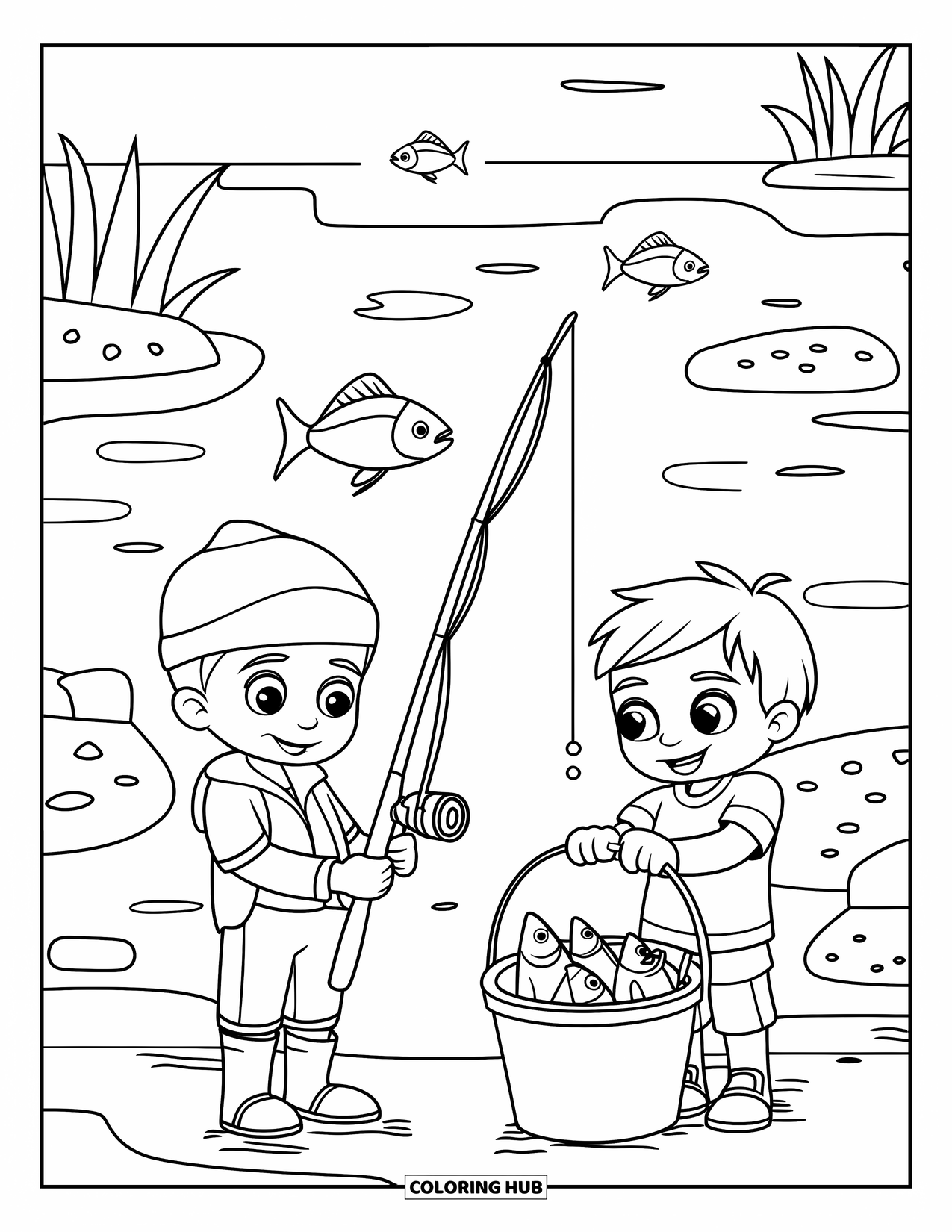Desenho de Pescaria para Colorir para Crianças: Uma criança pesca enquanto outra carrega um balde perto de um lago cheio de peixes