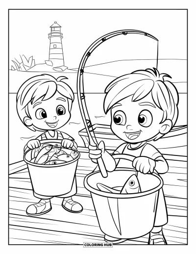 Fishing Coloring Page for Kids: One child has a full fish bucket, the other only one, near a dock and lighthouse
