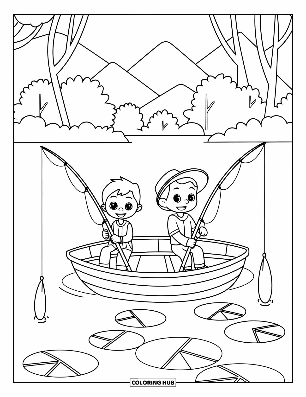 Desenho de Pescaria para Colorir para Crianças: Duas crianças pescam juntas de um barco a remo cercado por nenúfares e montanhas