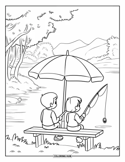 Fishing Coloring Page for Kids: Two kids fish under an umbrella by a quiet lake with mountains in the background