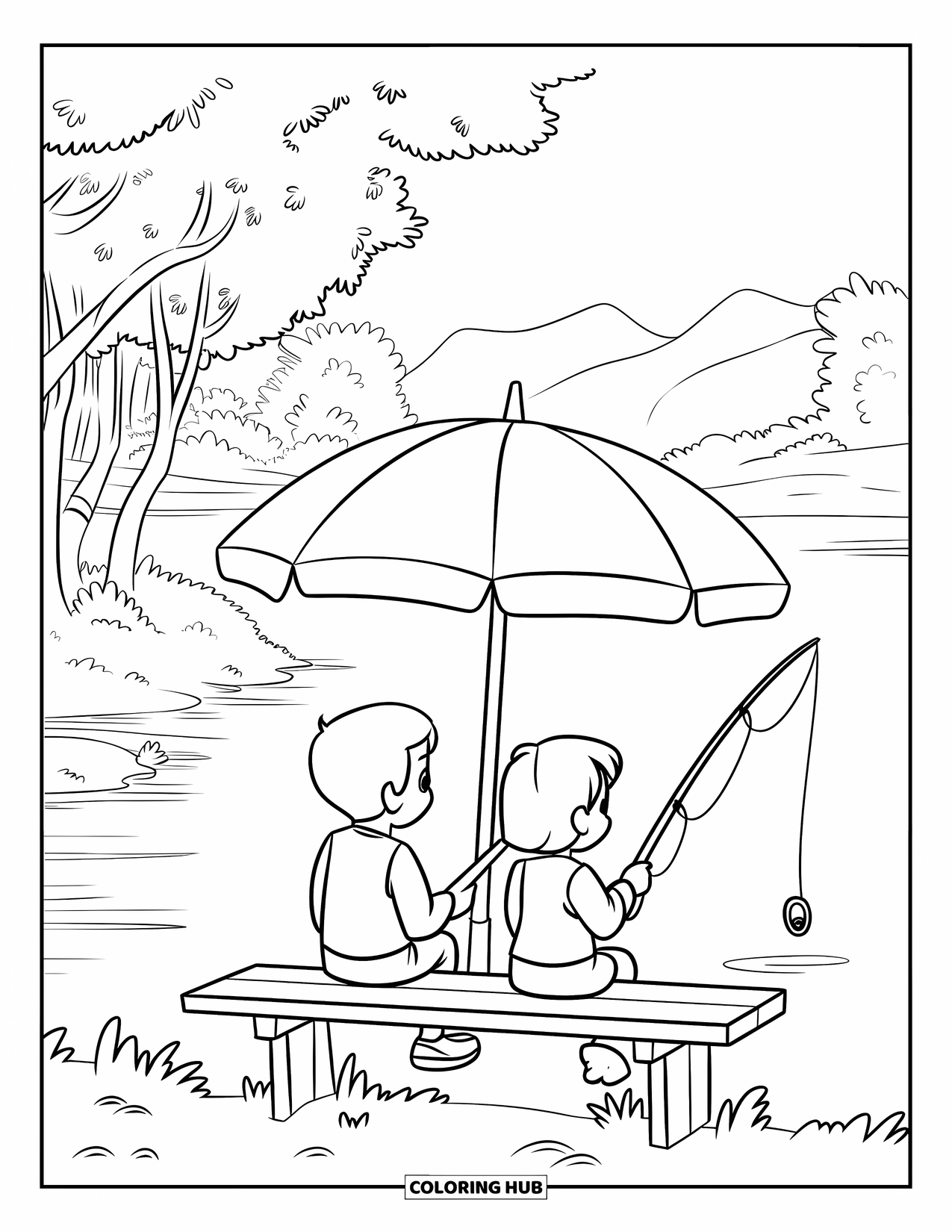 Desenho de Pescaria para Colorir para Crianças: Duas crianças pescam sob um guarda-chuva perto de um lago tranquilo com montanhas ao fundo