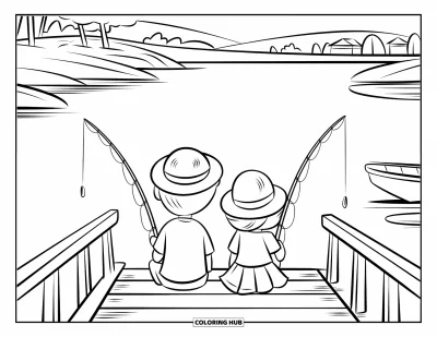 Fishing Coloring Page for Kids: Two kids sit on a dock fishing with short rods near a peaceful lake