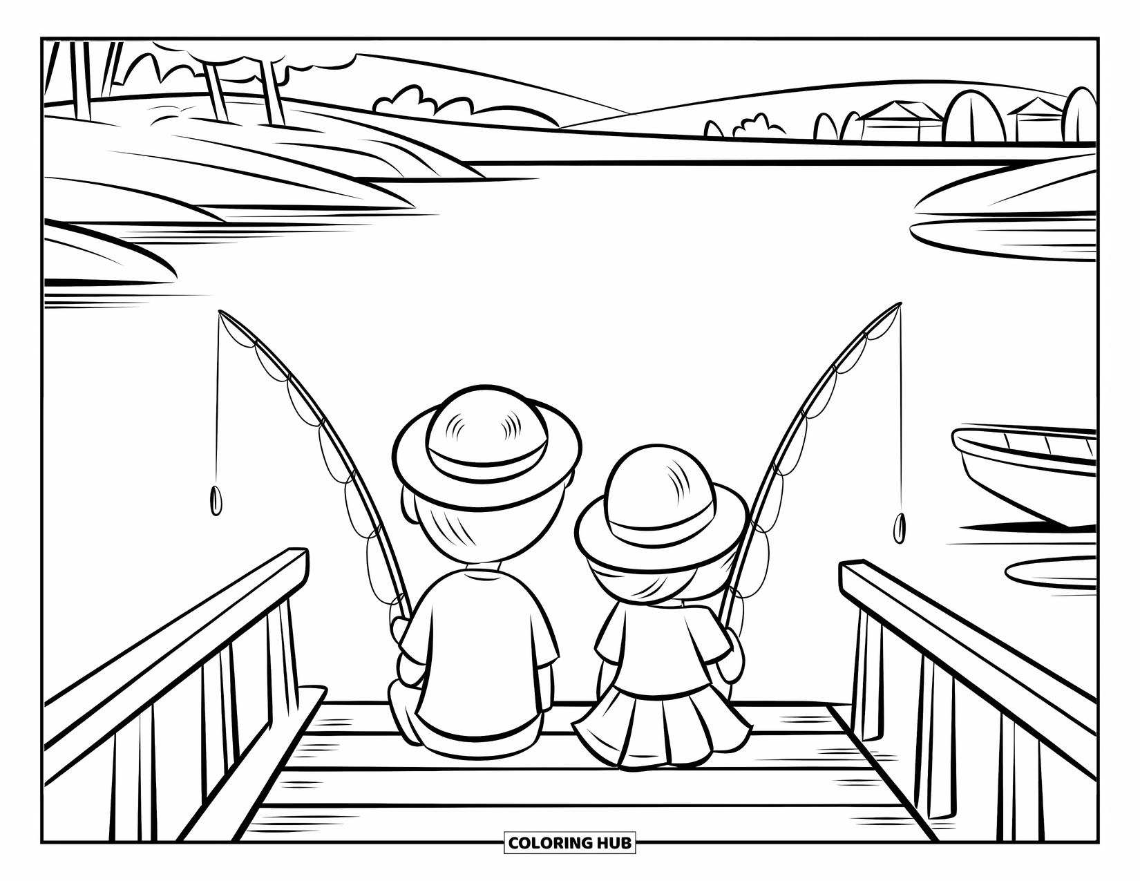 Desenho de Pescaria para Colorir para Crianças: Duas crianças sentam-se em uma doca pescando com varas curtas perto de um lago tranquilo