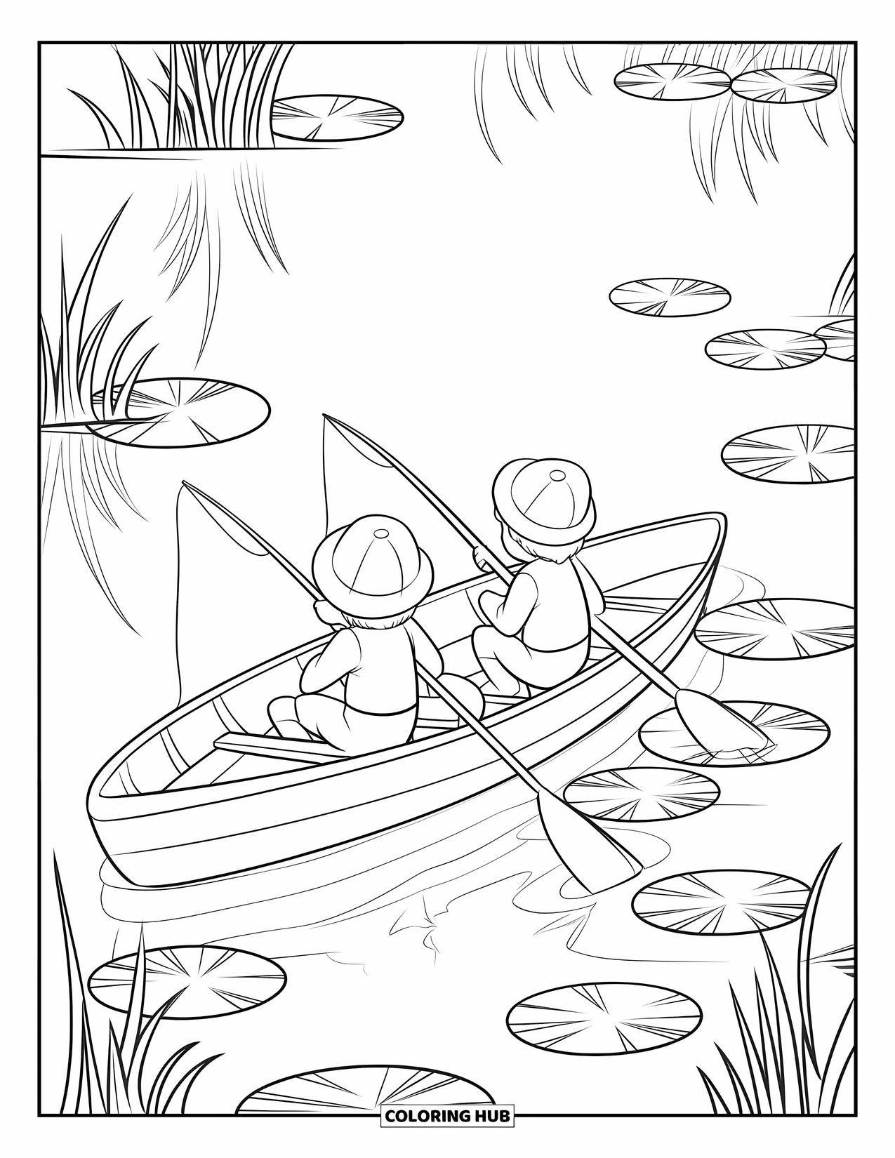 Desenho de Pescaria para Colorir para Crianças: Duas crianças com chapéus pescam de um barco entre nenúfares e reflexos do lago