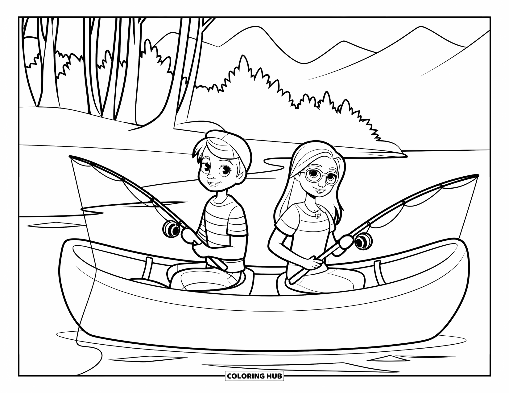 Desenho de Pescaria para Colorir para Crianças: Dois adolescentes pescam calmamente de lados opostos de uma canoa
