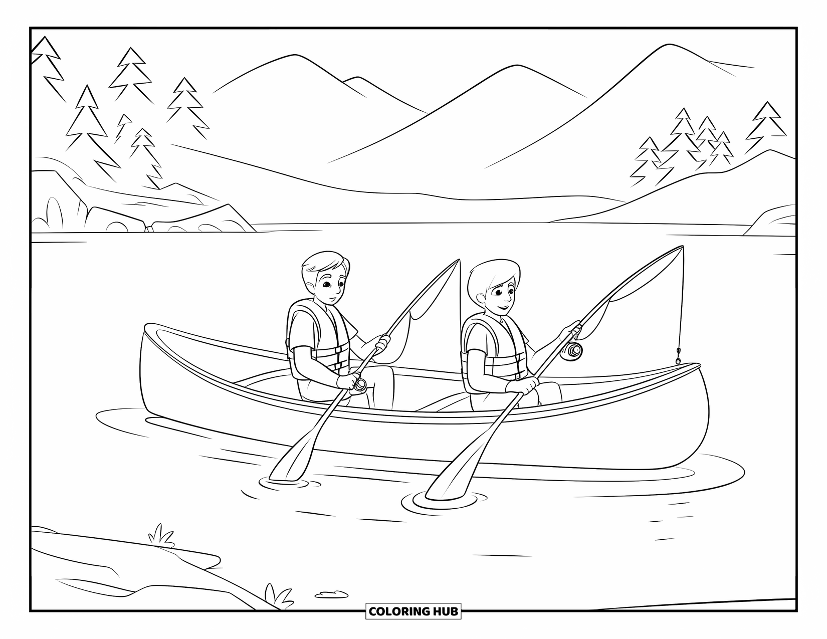 Desenho de Pescaria para Colorir para Crianças: Dois adolescentes pescam lado a lado em uma canoa em um lago calmo