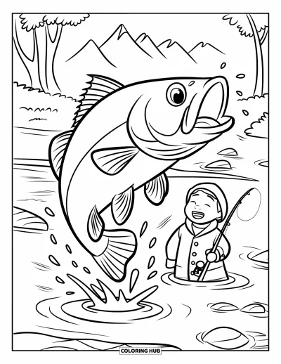 Fishing Coloring Page for Kids: Water splashes as a fish jumps near a laughing child in a river