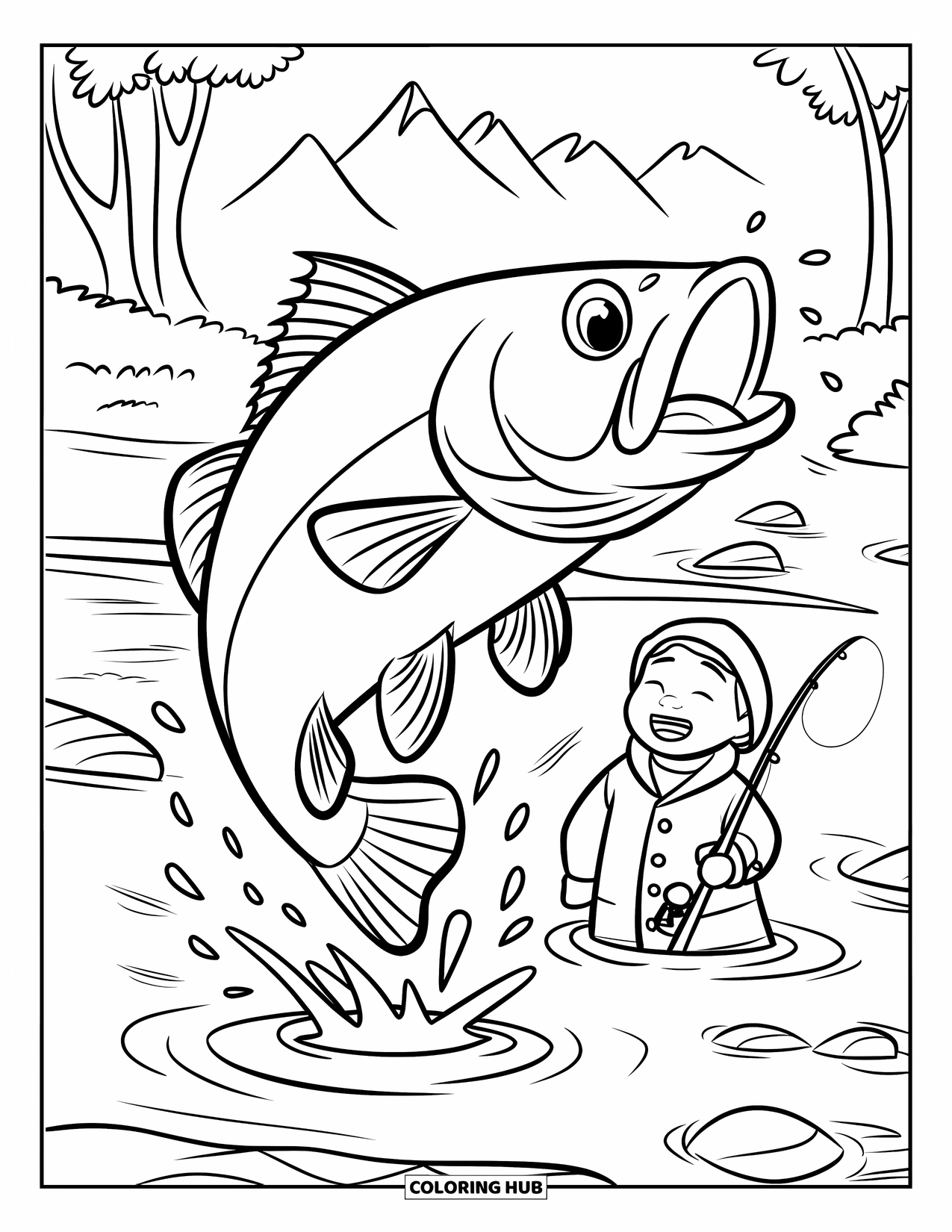 Desenho de Pescaria para Colorir para Crianças: A água espirra enquanto um peixe salta perto de uma criança sorrindo em um rio