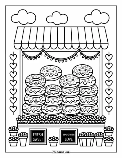 Food Coloring Page for Adults: A bakery window filled with stacked donuts, heart garlands, and hanging stars