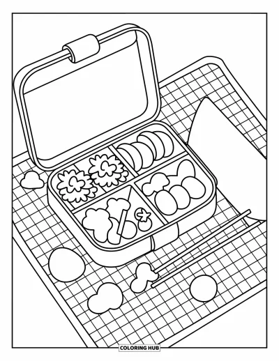 Food Coloring Page for Adults: A bento box with star-shaped rice, veggies, sausages, and picnic charm