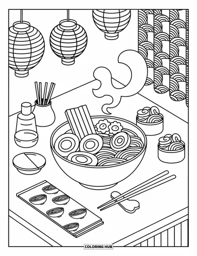 Food Coloring Page for Adults: A bowl of ramen with eggs, narutomaki, seaweed, and cozy noodle shop details