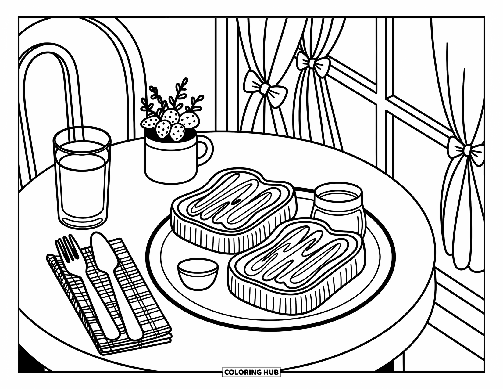 Eten Kleurplaat voor Volwassenen: Een charmante cafétafel met toast, jam en sap naast een gordijn met strik
