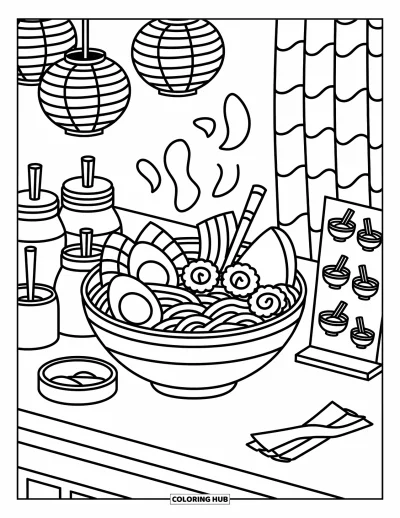Food Coloring Page for Adults: A cozy bowl of ramen with toppings, jars, chopsticks, and a patterned curtain