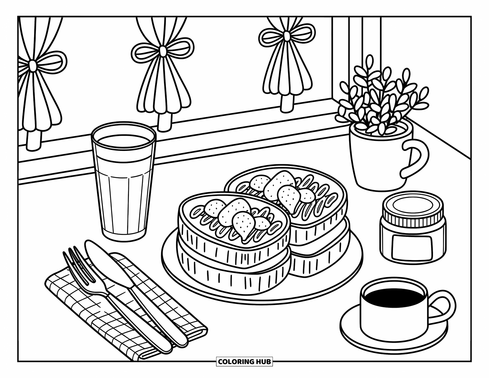 Eten Kleurplaat voor Volwassenen: Een gezellige cafétafel met toast, jam, boter en sap naast een zonnig raam