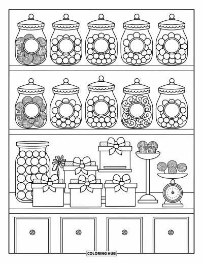 Food Coloring Page for Adults: A cozy candy shop scene with jars of sweets, tied boxes, and a cute counter