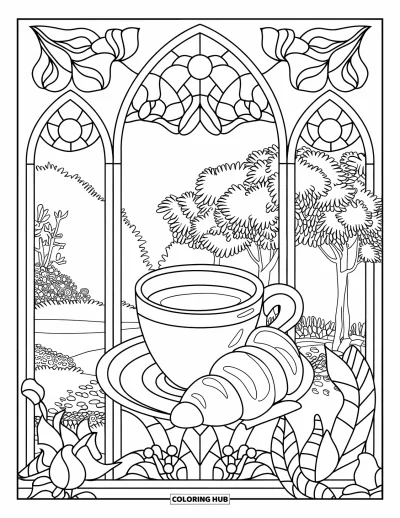 Food Coloring Page for Adults: A cozy scene with croissant, café cup, and garden elements in stained glass arches