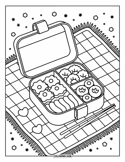 Food Coloring Page for Adults: A cute bento box filled with rice stars, veggies, and cherry tomatoes on a cloth