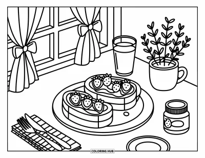 Food Coloring Page for Adults: A delicious toast breakfast with juice and cute café details by a sunny window
